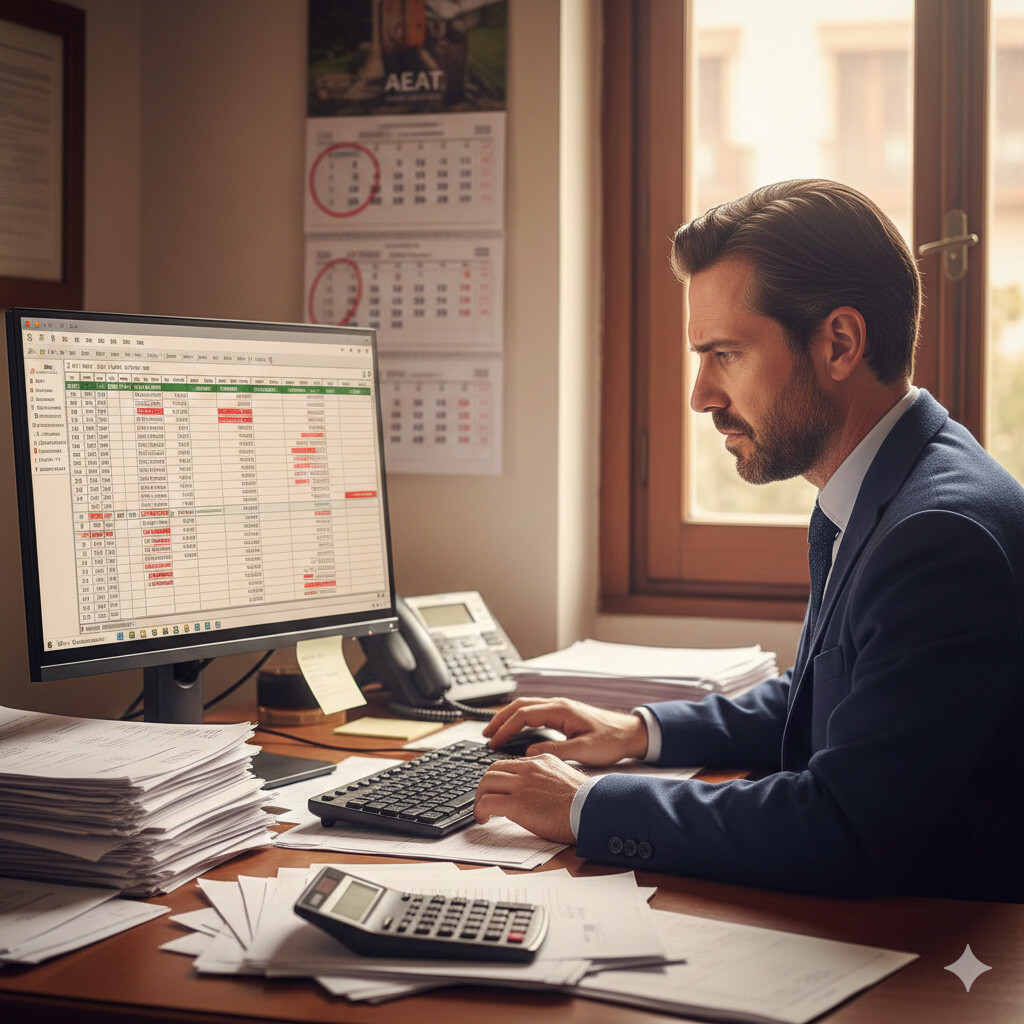 Gestor administrativo estresado frente a múltiples hojas Excel con errores contables marcados en rojo, facturas acumuladas en escritorio, calculadora y calendario con vencimientos fiscales AEAT
