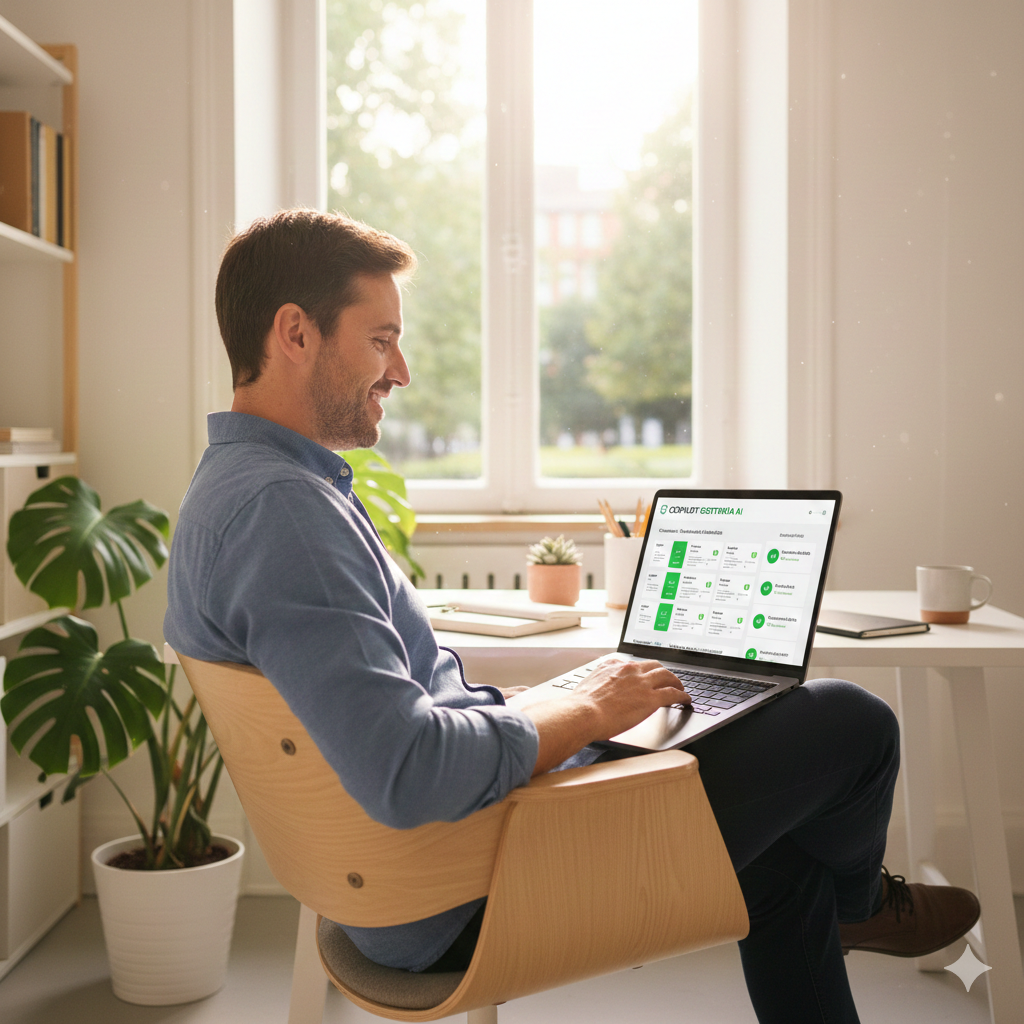 Gestor trabajando eficientemente con sistema IA automatizado en ambiente de oficina moderno y relajado