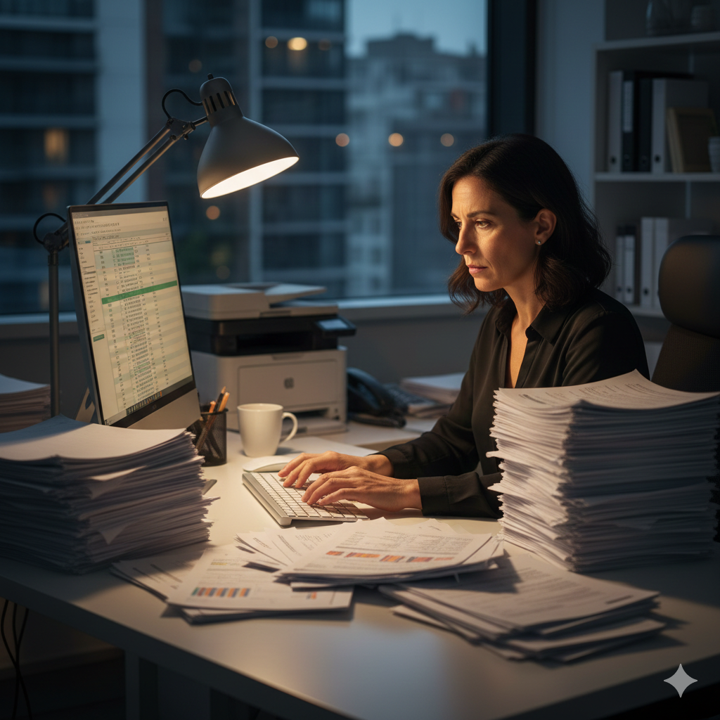 Gestora administrativa procesando facturas manualmente en oficina