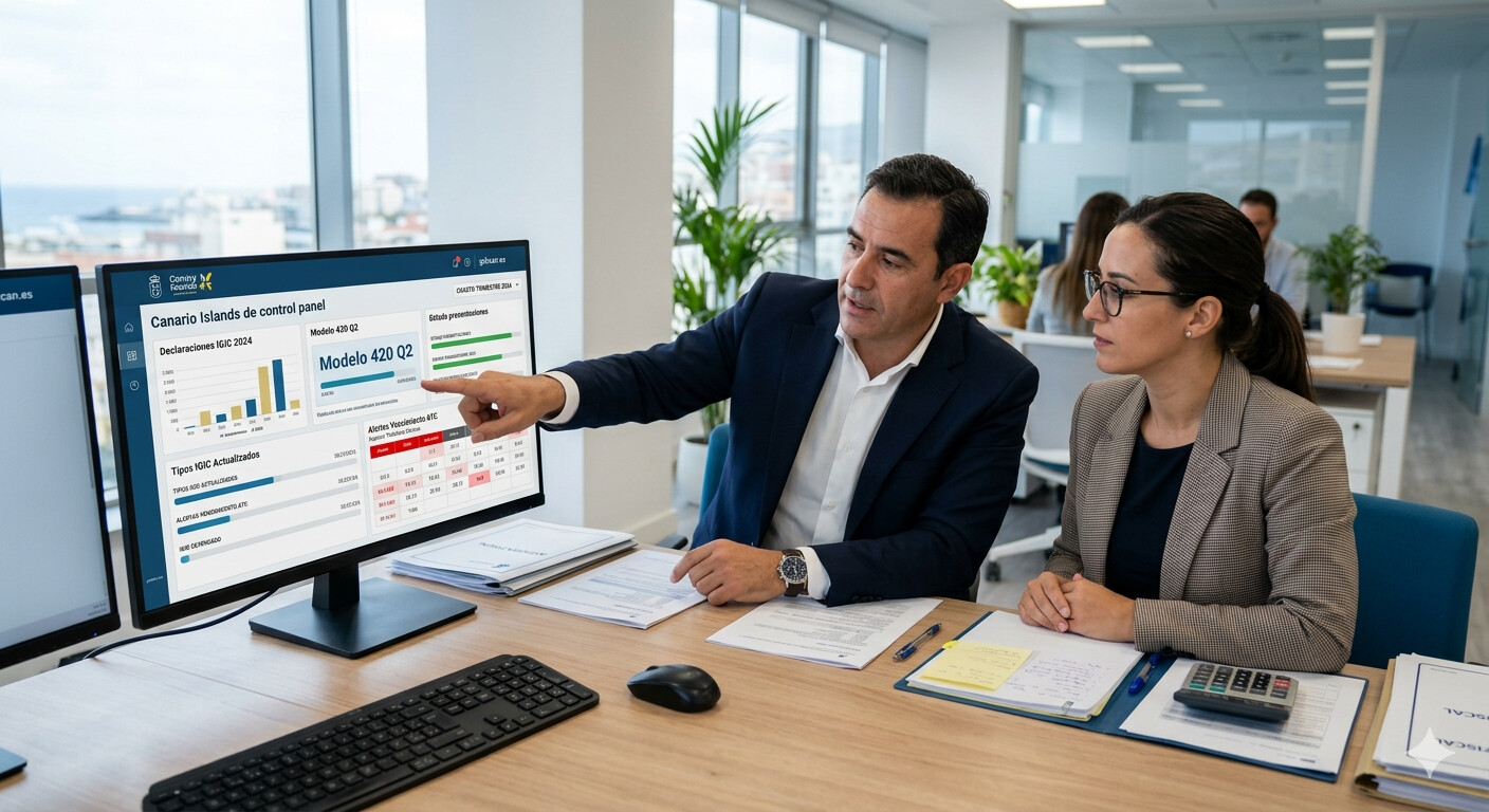 Equipo de una gestoría peninsular usando el panel de control de COPILOT GESTORIA para gestionar modelos IGIC y declaraciones trimestrales de clientes con actividad en Canarias