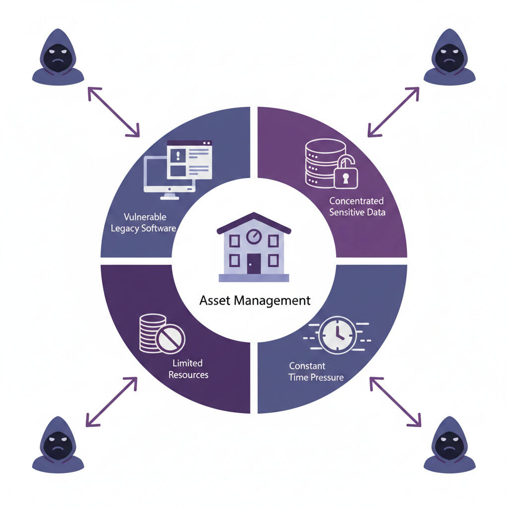Diagrama circular mostrando las 4 razones por las que gestorías son objetivo prioritario para ciberataques: datos sensibles concentrados, software legacy vulnerable, recursos limitados y presión temporal constante, con iconos profesionales en estilo infografía