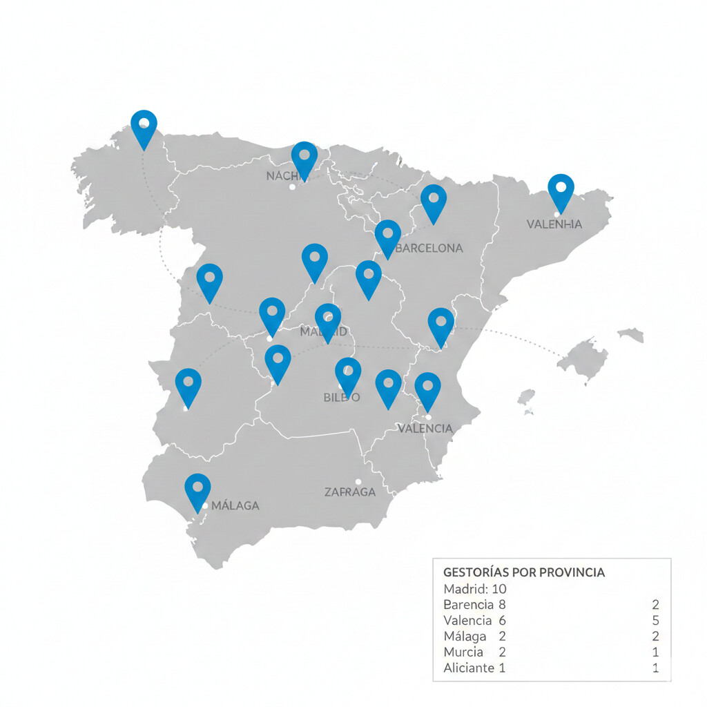 Mapa de España con 37 pins marcando ubicación de gestorías participantes en estudio, concentradas en Madrid, Barcelona, Valencia, Sevilla, Málaga, Bilbao, Zaragoza, Murcia y Alicante