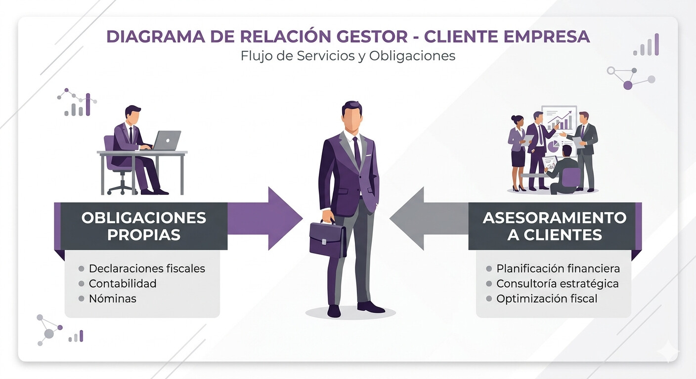 Diagrama que ilustra la doble perspectiva de las gestorías ante la ley de inteligencia artificial: como asesores de sus clientes y como usuarios de sistemas de IA en su propio despacho