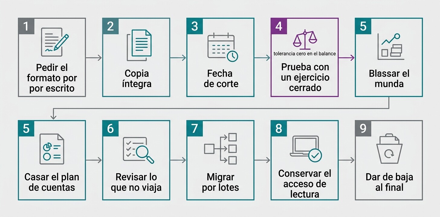 Esquema del protocolo en nueve pasos para sacar el histórico contable de Glasof, desde la petición por escrito al soporte hasta la baja del programa