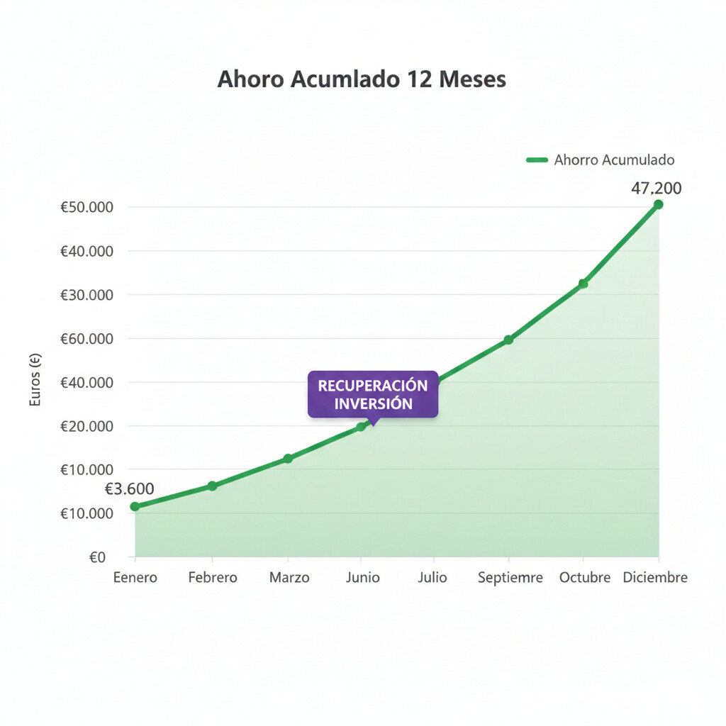 Gráfico de líneas mostrando evolución del ahorro acumulado mes a mes durante 12 meses, línea ascendente desde 3,600€ mes 1 hasta 47,200€ mes 12, con punto de recuperación inversión marcado en mes 3