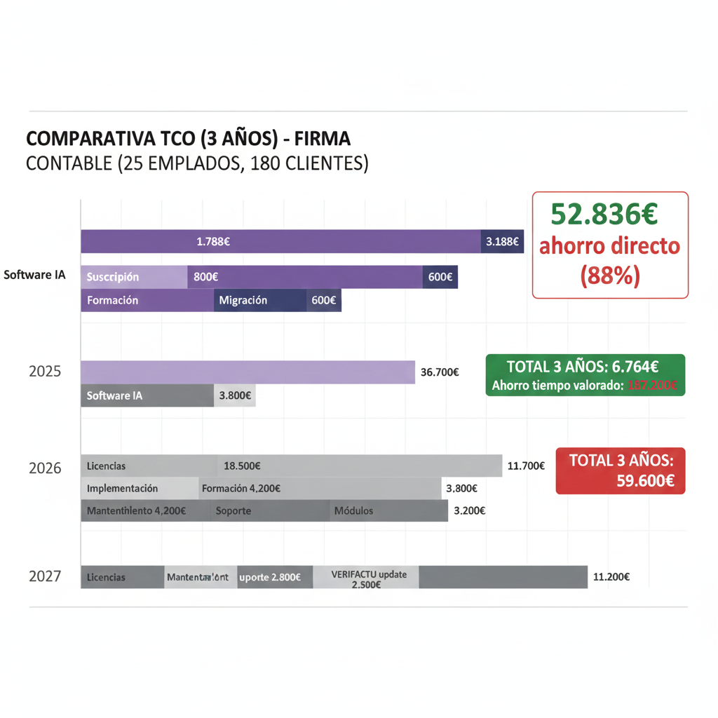 Gráfico comparativo TCO a 3 años entre software IA y ERP tradicional mostrando ahorro acumulado