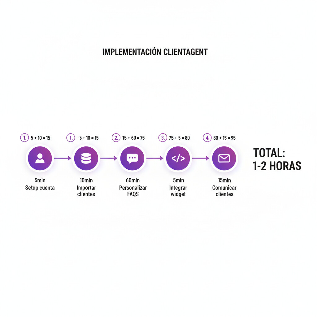 Timeline visual mostrando los 5 pasos de implementación de ClientAgent en gestorías con duración de cada paso: setup cuenta 5 min, importar clientes 10 min, personalizar FAQs 60 min, integrar widget 5 min, comunicar clientes 15 min, total 1-2 horas