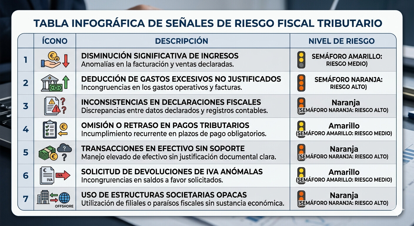 Tabla con las 7 señales de riesgo fiscal que detecta HERMES con código de colores: verde bajo riesgo, amarillo riesgo medio, rojo alto riesgo de inspección