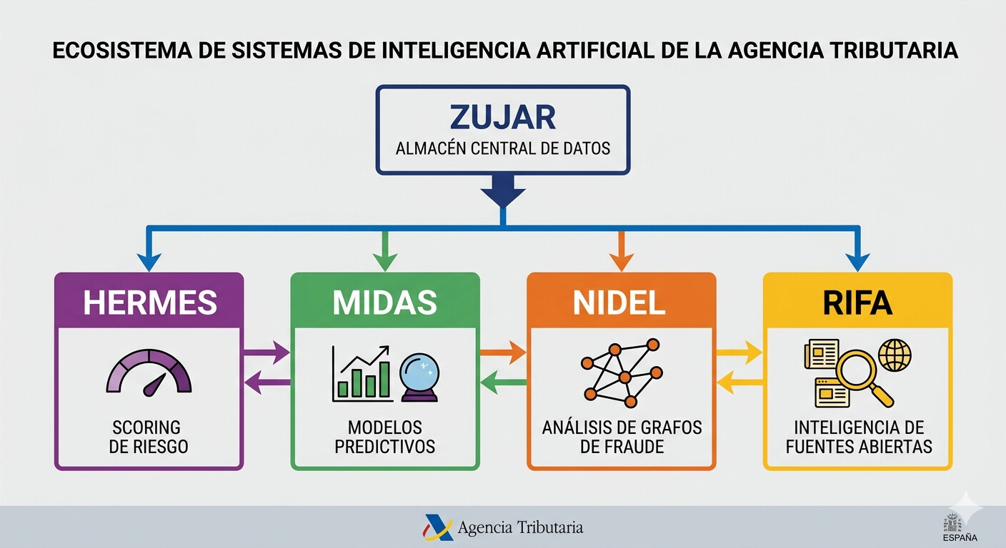 Diagrama del ecosistema de sistemas de inteligencia artificial de la AEAT: ZUJAR, HERMES, MIDAS, NIDEL, RIFA y CESOP conectados en flujo de datos