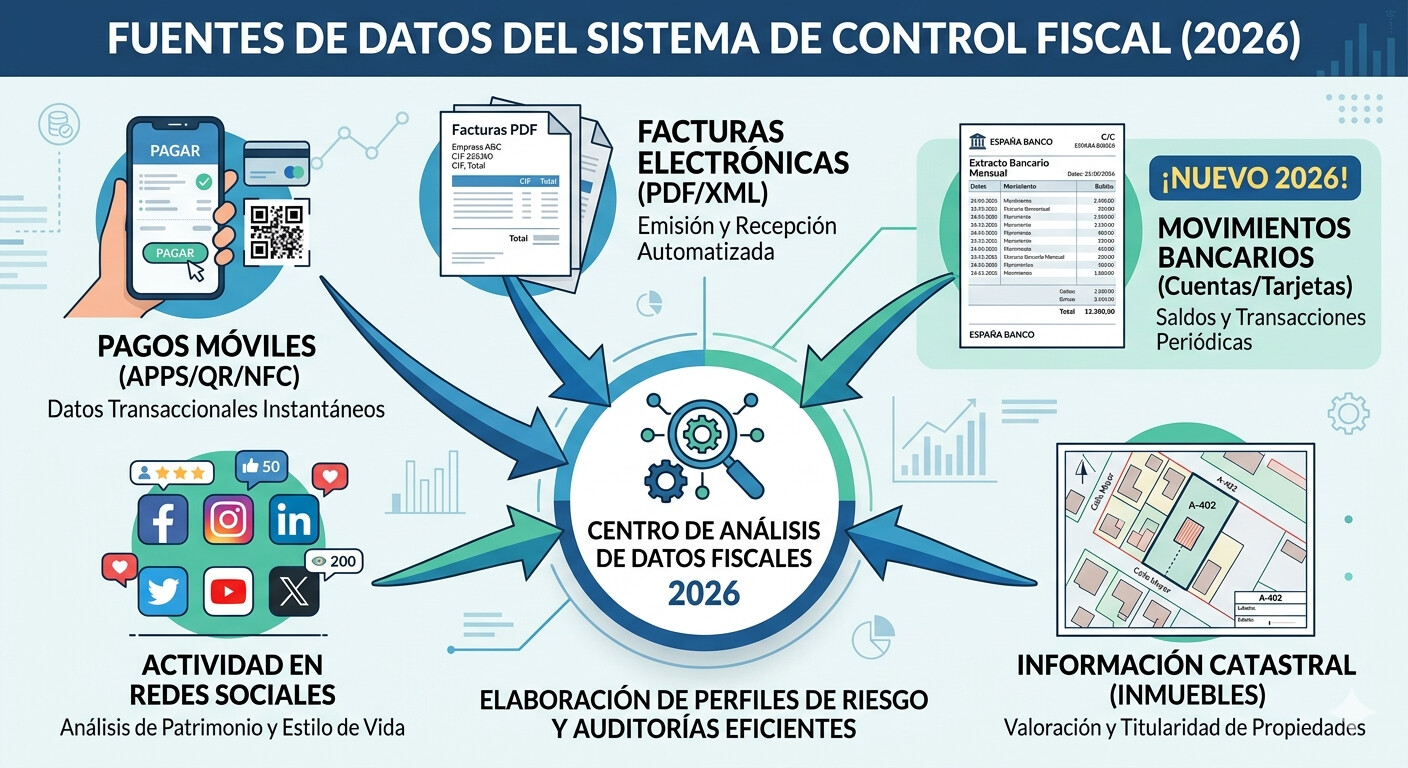 Esquema de las fuentes de datos que alimentan el sistema HERMES de la AEAT en 2026: modelos fiscales, datos bancarios mensuales Bizum, registros catastrales y redes sociales