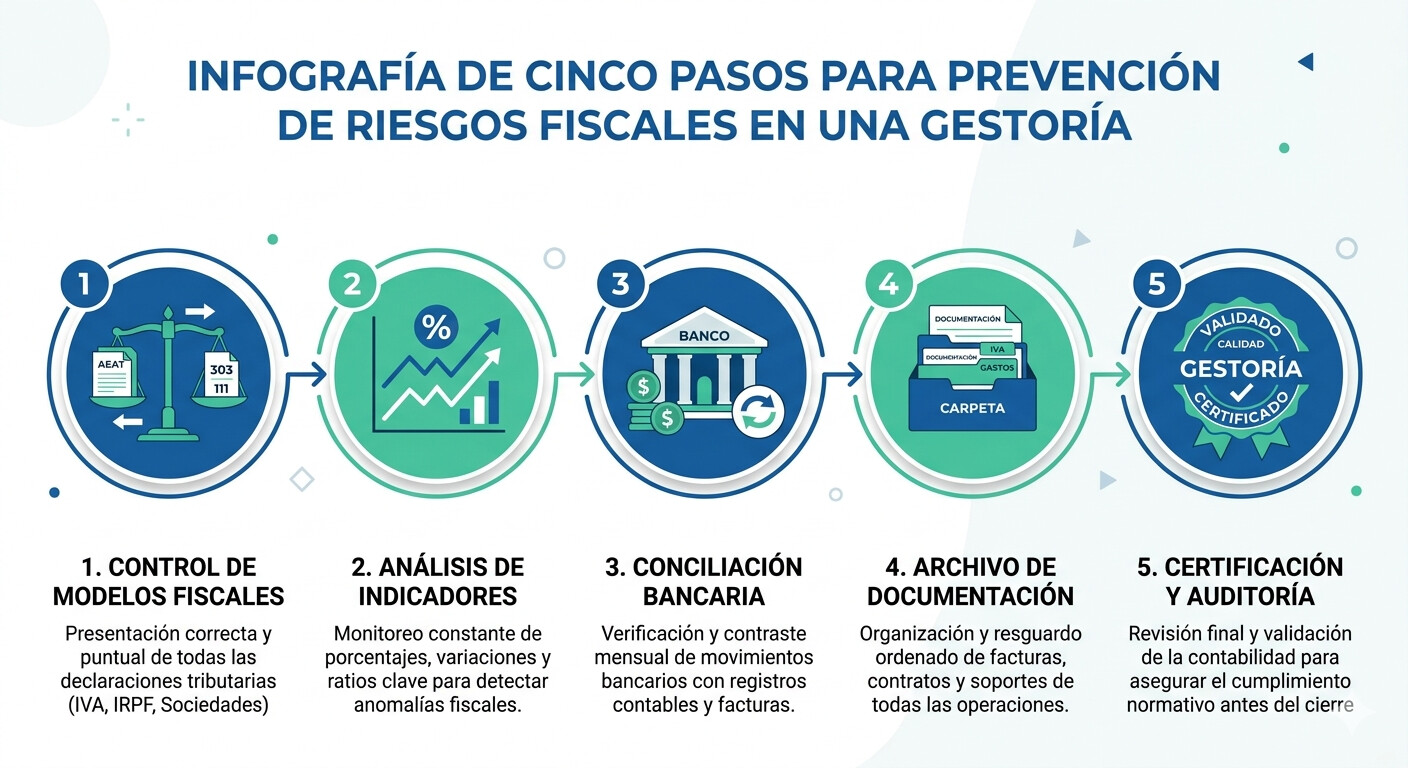 Infografía con los 5 pasos de defensa preventiva ante el sistema HERMES de la AEAT que debe seguir una gestoría para reducir el riesgo de inspección de sus clientes