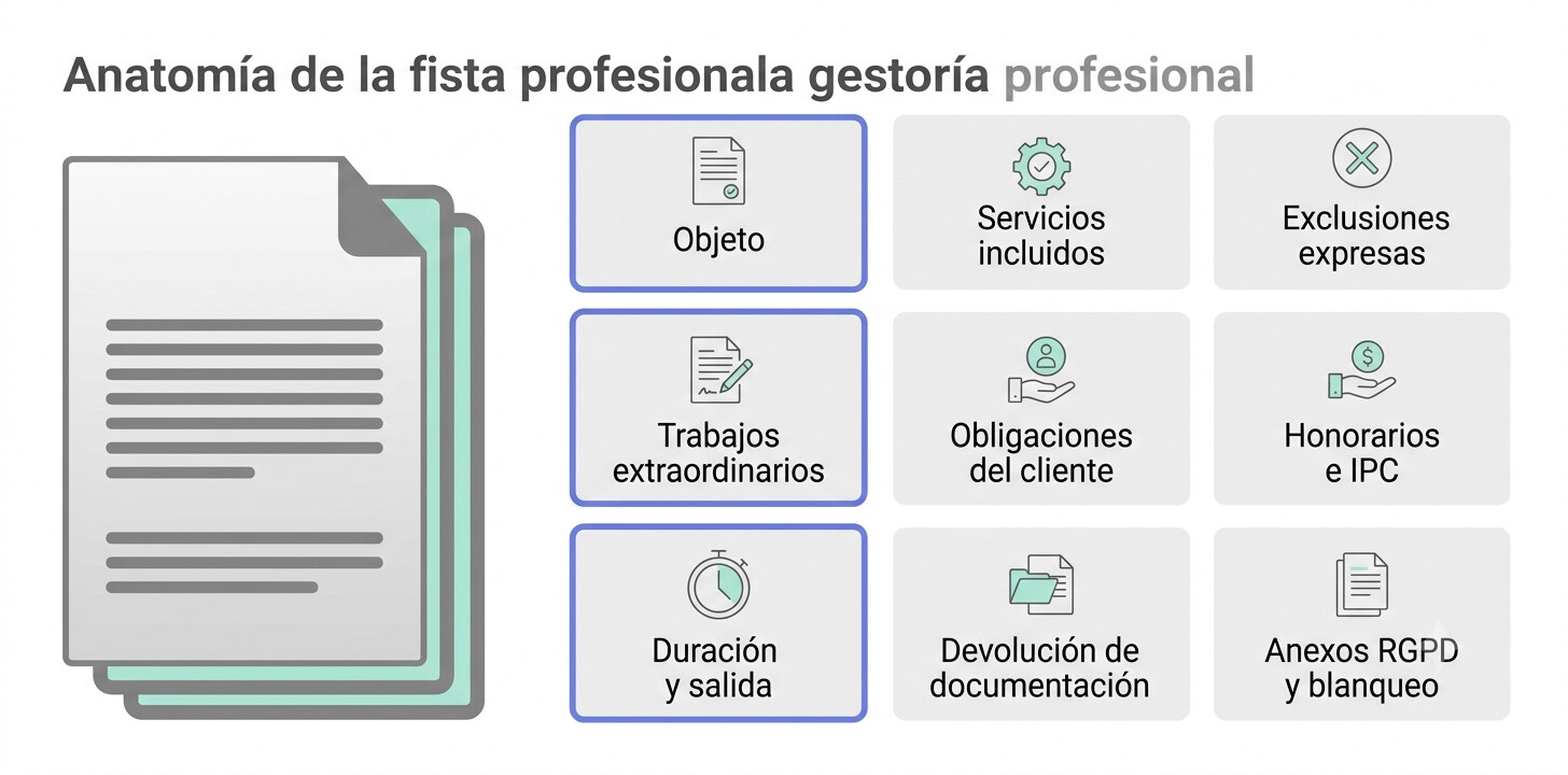 Esquema visual de los nueve bloques que debe contener una hoja de encargo de gestoría: objeto, incluidos, exclusiones, extraordinarios, obligaciones y anexos