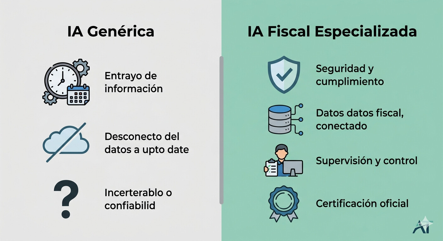Diagrama comparativo entre IA genérica como ChatGPT y la IA fiscal especializada para gestorías en España, mostrando 6 diferencias clave