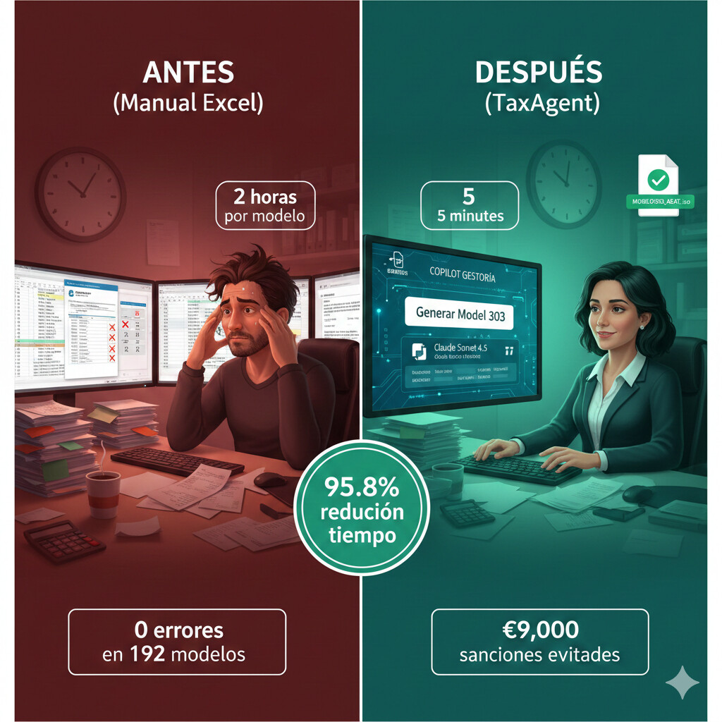 Caso estudio 2 asesoría Madrid: gráfico antes después generación Modelo 303, 2 horas vs 5 minutos, TaxAgent calculando 77 casillas automáticamente