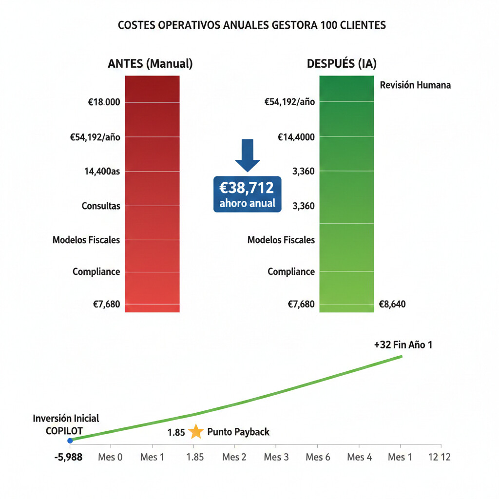 Gráfico barras comparativo costes operativos antes vs después IA: €54,192/año manual vs €15,480 con IA, línea ROI acumulado 12 meses mostrando payback 1.85 meses