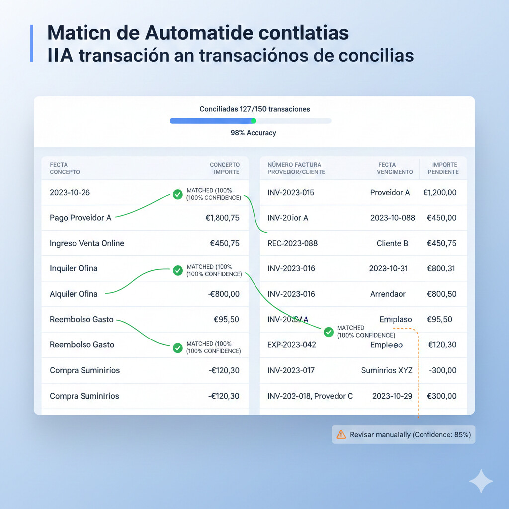 Diagrama flujo automatización matching automático: Movimiento bancario → Fuzzy matching concepto → Validación monto con tolerancia → Reglas fiscales IVA/IRPF → Confidence score → Auto-conciliar (>0.9) o Revisar (<0.9)