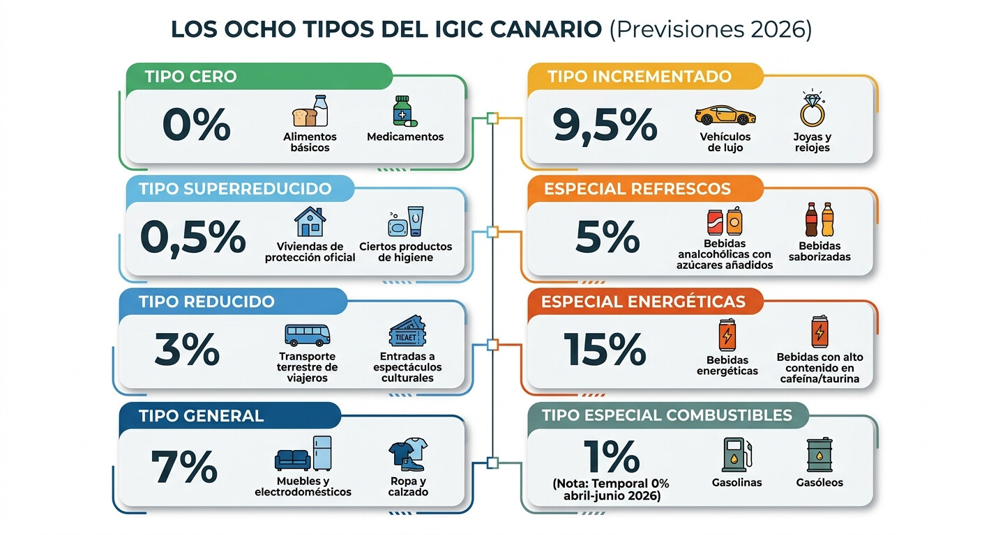 Infografía con los 8 tipos IGIC Canarias 2026 actualizados incluyendo cambios de la Ley 9/2025 y decreto de abril 2026