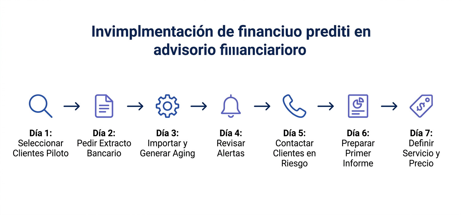 Diagrama visual de 7 pasos para implementar cash flow predictivo en una gestoría en una semana, con iconos de calendar y checklist