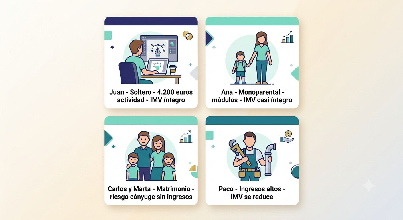 Tabla con cuatro casos prácticos de autónomos que cobran el Ingreso Mínimo Vital y su compatibilidad con la actividad económica según el RD 240/2026
