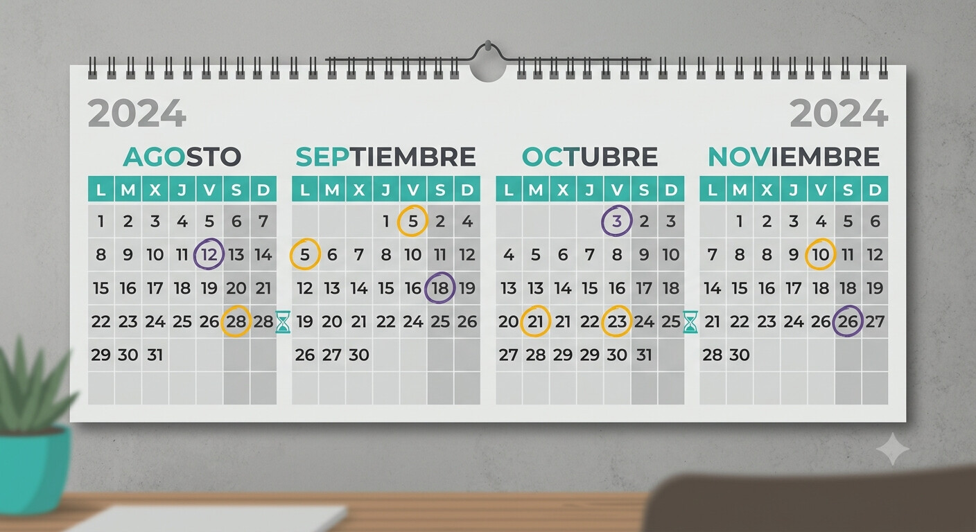 Calendario de pared de agosto a noviembre con varios días marcados en color