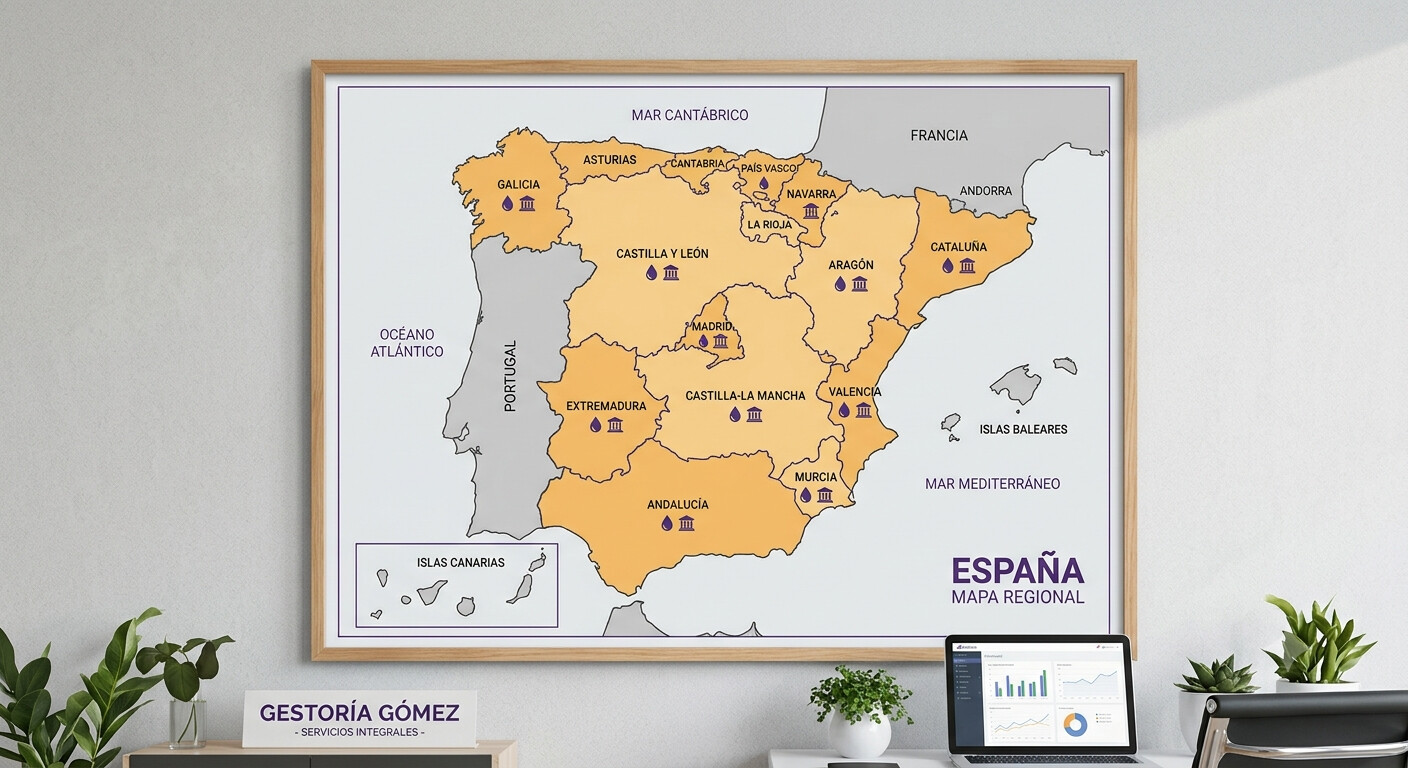 Mapa regional de España enmarcado en la pared de un despacho, con varias comunidades autónomas resaltadas