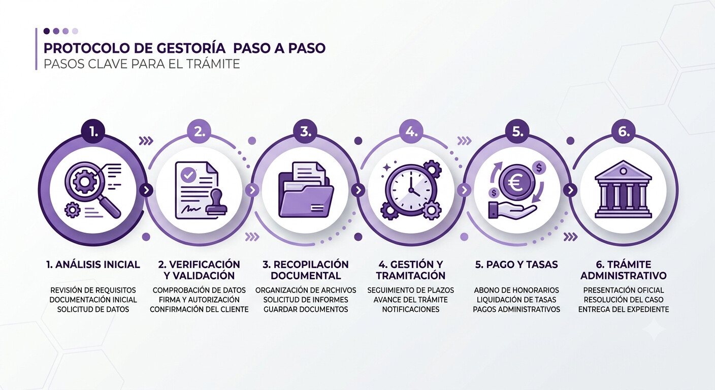 Infografía con seis pasos de tramitación en una gestoría: análisis inicial, verificación, recopilación documental, gestión, pago de tasas y presentación