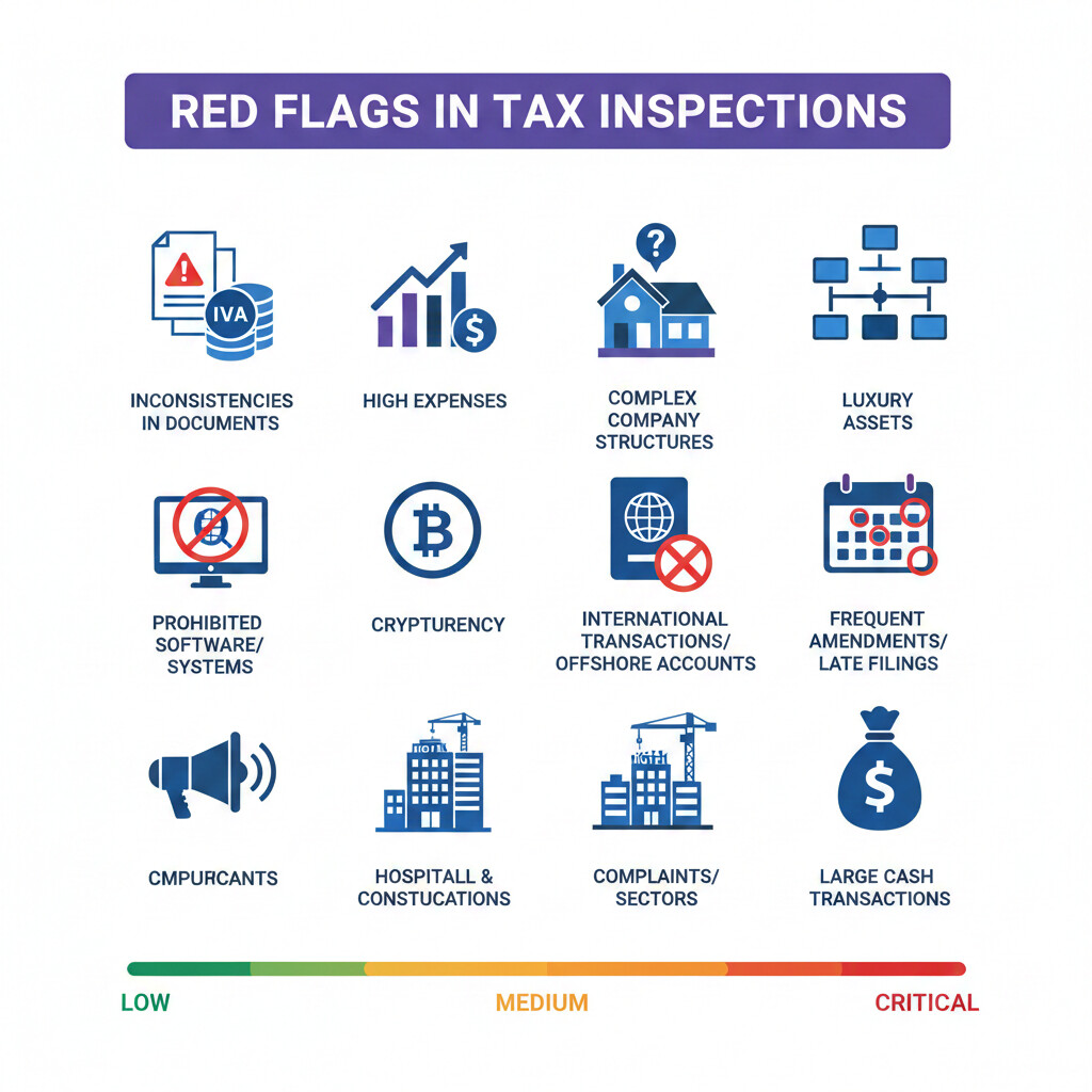 Infografía visual detallada mostrando los 12 red flags principales que desencadenan inspecciones de Hacienda: inconsistencias declaraciones, devoluciones IVA excesivas, gastos desproporcionados, nivel de vida vs ingresos, sociedades interpuestas, software doble uso, criptomonedas, grandes patrimonios, falsos no residentes, denuncias empleados, sectores sensibles y presentaciones tardías, con iconos descriptivos y escala de riesgo