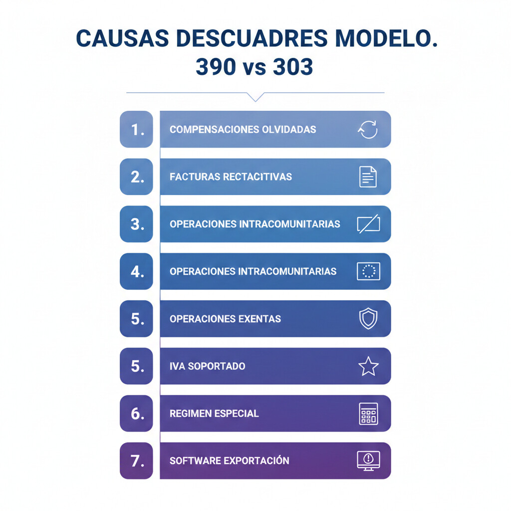 Infografía visual con las 7 causas más frecuentes de descuadres entre modelo 390 y 303: compensaciones, facturas rectificativas, operaciones intracomunitarias, exentas mal clasificadas, IVA soportado erróneo, régimen especial, y software exportación