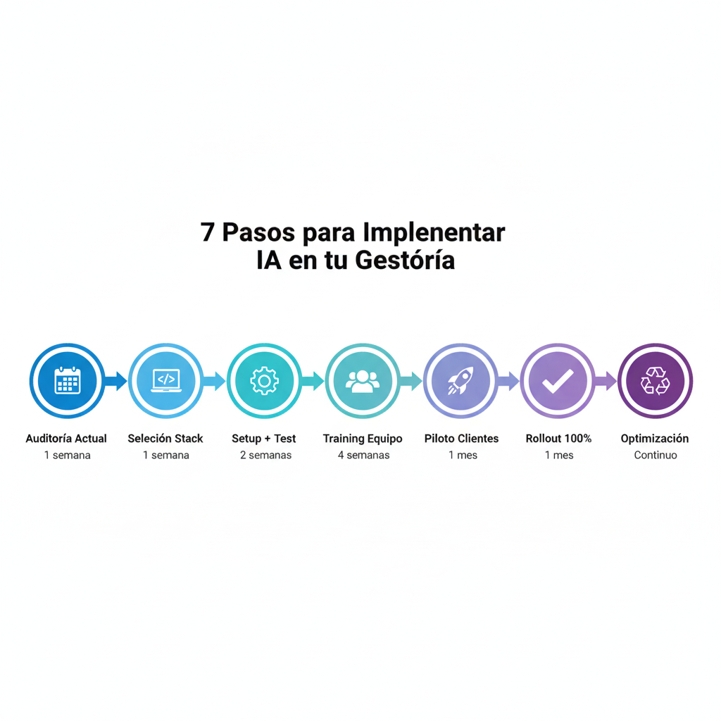 Infografía visual timeline 7 pasos implementación IA gestoría: auditoría 1 semana, selección stack 1 semana, setup 2 semanas, training 4 semanas, piloto 1 mes, rollout 1 mes, optimización ongoing, con iconos estimación tiempo por paso