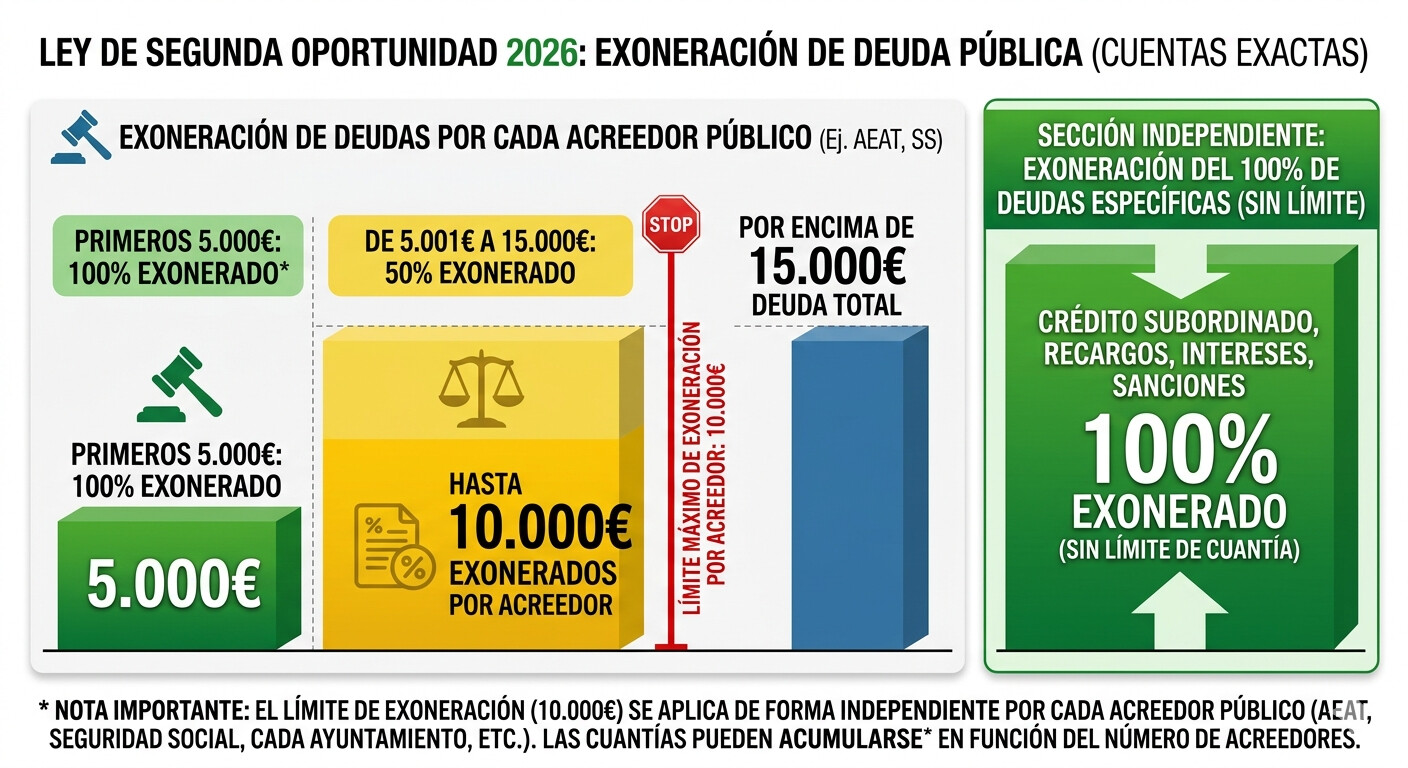 Infografía cuantías exactas exoneración ley segunda oportunidad autónomos 2026 crédito ordinario subordinado AEAT Seguridad Social