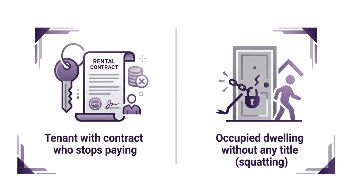 Comparativa visual entre inquiokupa con contrato de alquiler impagado y okupacion sin titulo en vivienda, regimen fiscal IRPF