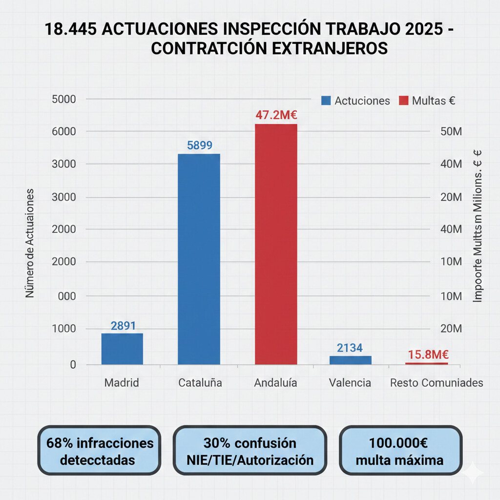 Gráfico de barras mostrando las 18.445 actuaciones de Inspección de Trabajo 2025 en contratación extranjeros, desglosadas por tipo de infracción y comunidad autónoma, con Madrid y Cataluña liderando