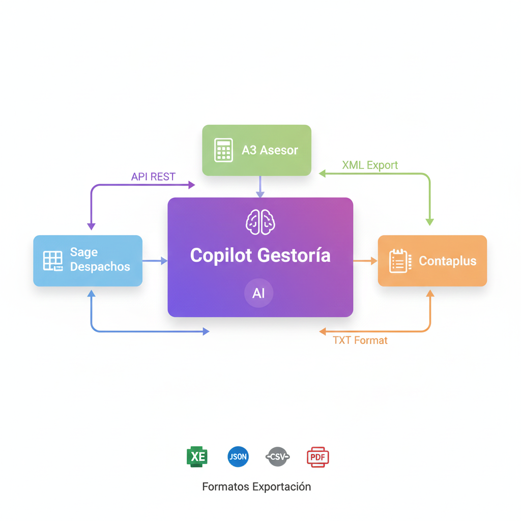 Diagrama de integración con Sage, A3 Asesor y Contaplus mostrando flujo de datos automático