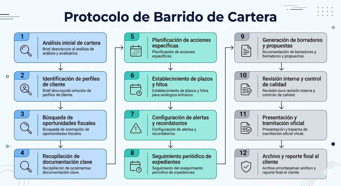Protocolo 12 pasos barrido cartera gestoria clientes intereses demora IRPF prescripcion 2026