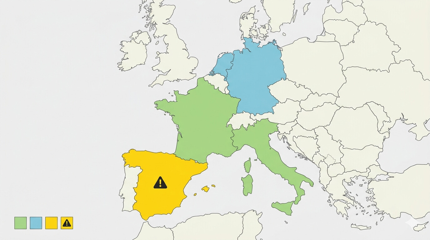 Mapa comparativo IVA franquiciado en Europa: Francia, Alemania, Italia, Países Bajos y España