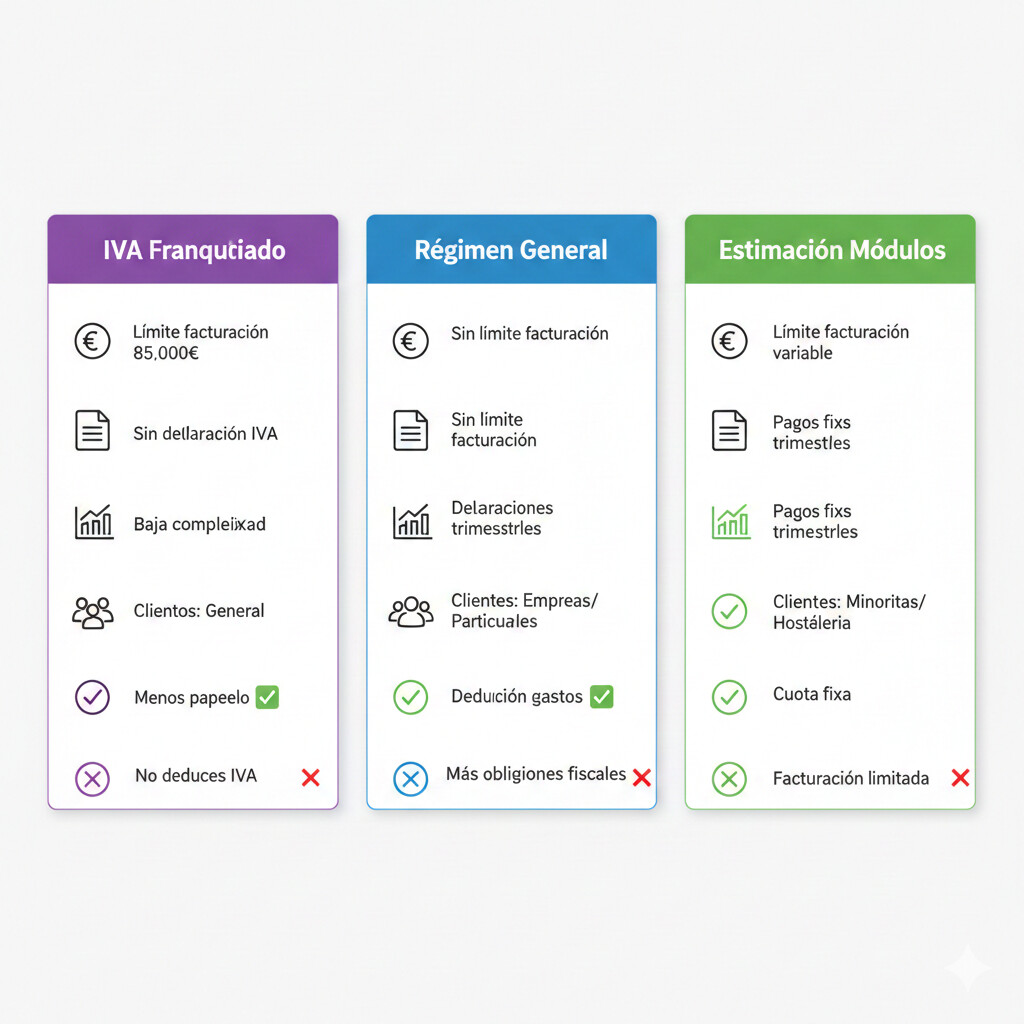 Tabla comparativa completa IVA Franquiciado vs Régimen General vs Módulos: límites facturación, declaraciones IVA, deducciones, sectores recomendados, complejidad contable