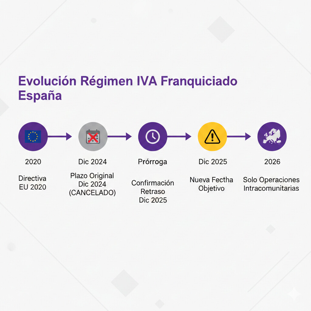 Timeline cronológica IVA Franquiciado España: Directiva Europea 2020, retraso 2024, confirmación Hacienda noviembre 2024, previsión implementación 2026