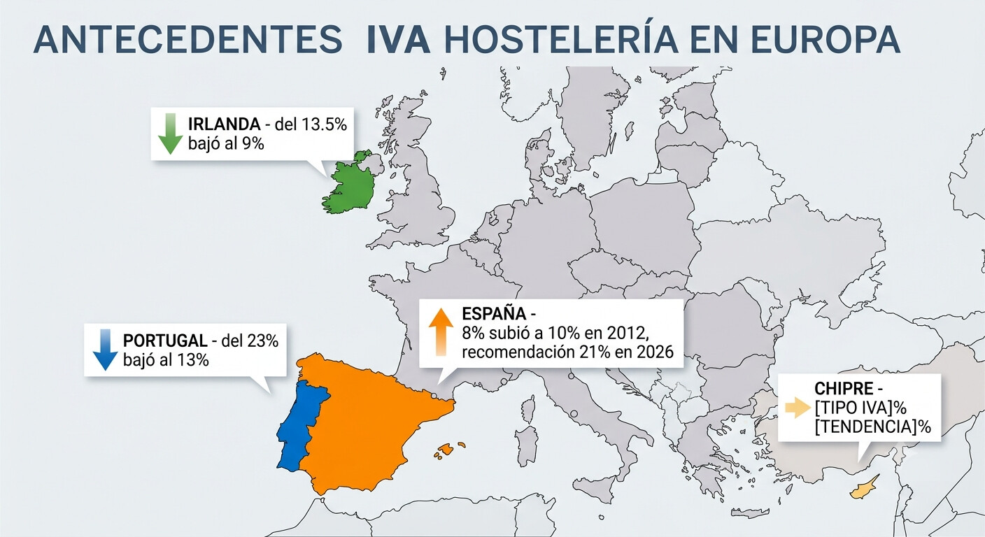Mapa comparativo de tipos de IVA en hostelería en Europa: Portugal, Irlanda, Chipre y España — evolución histórica de subidas y bajadas