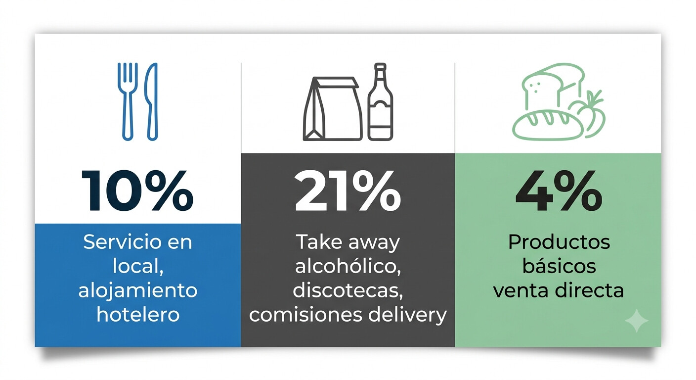 Tabla comparativa de tipos de IVA actuales en hostelería española: 10% servicio restauración, 21% take away alcohólico y discotecas, 4% productos básicos alimentarios