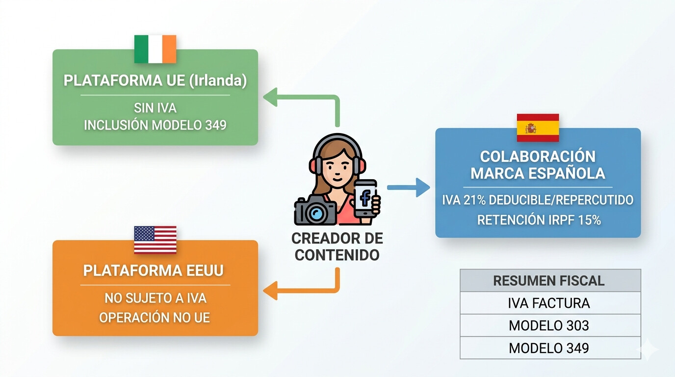 Diagrama tratamiento IVA influencer según plataforma: YouTube Google Irlanda, Twitch Amazon Luxemburgo, marcas españolas, Patreon USA — inversión sujeto pasivo, modelo 349