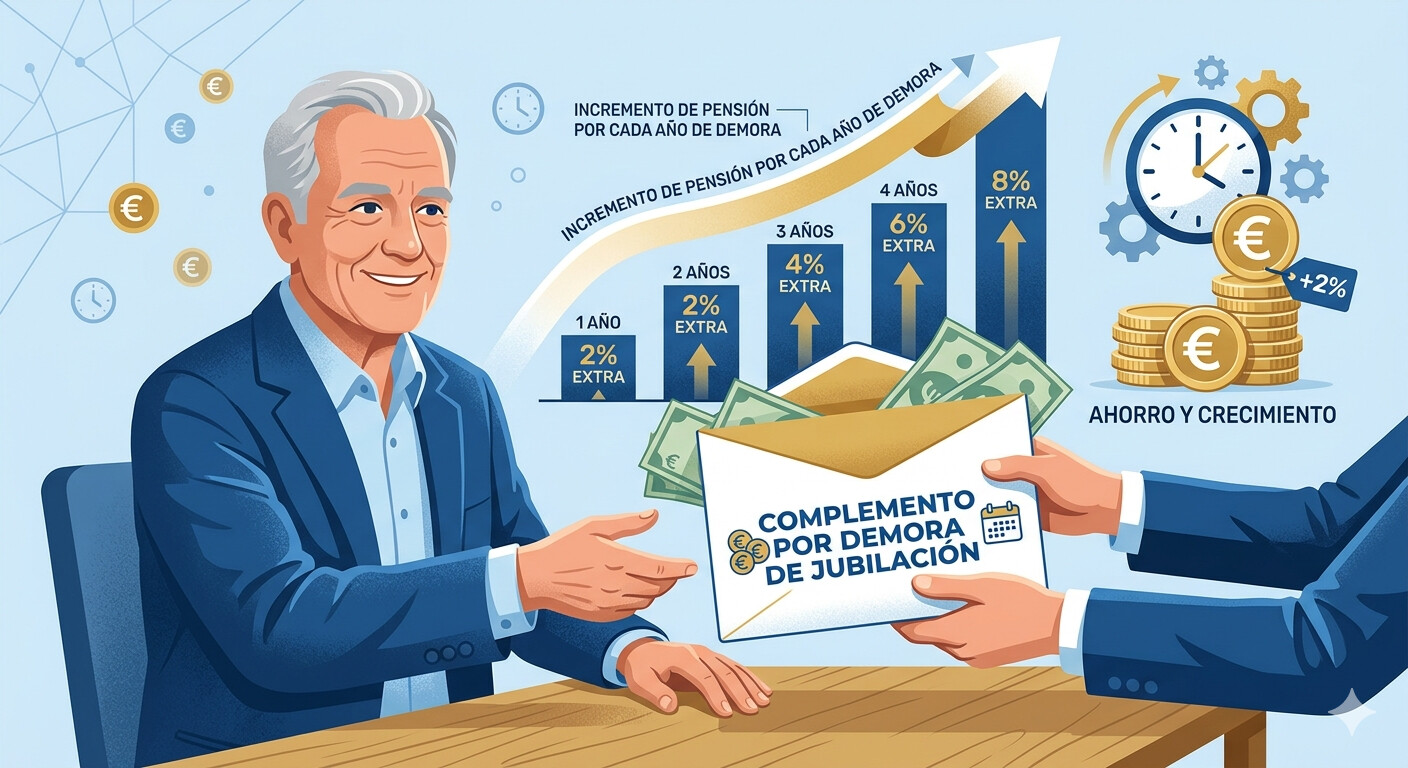 Diagrama explicativo del complemento por demora en jubilación activa de autónomo: 4% adicional por año de demora compatible con escala progresiva 2026