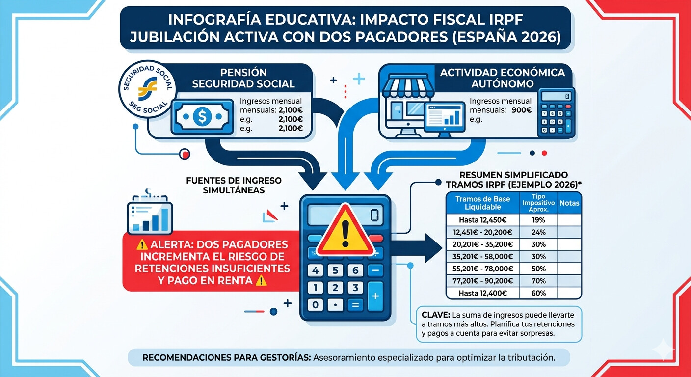 Diagrama del impacto IRPF con dos pagadores en jubilación activa: pensión como rendimiento del trabajo más actividad económica elevan la base imponible del autónomo en 2026