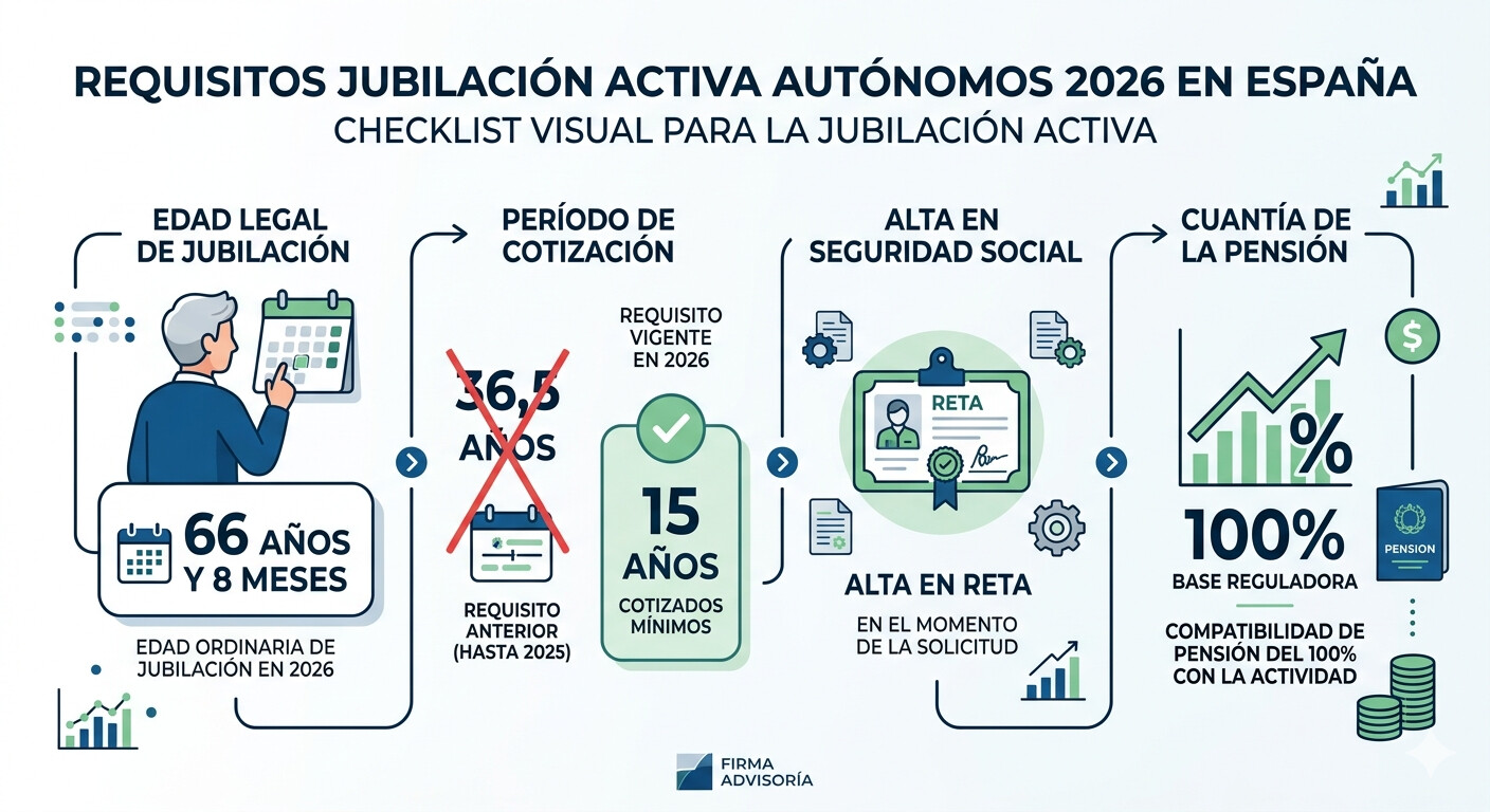 Diagrama de requisitos para jubilación activa autónomo 2026: edad ordinaria, 15 años cotizados, alta RETA y solicitud expresa