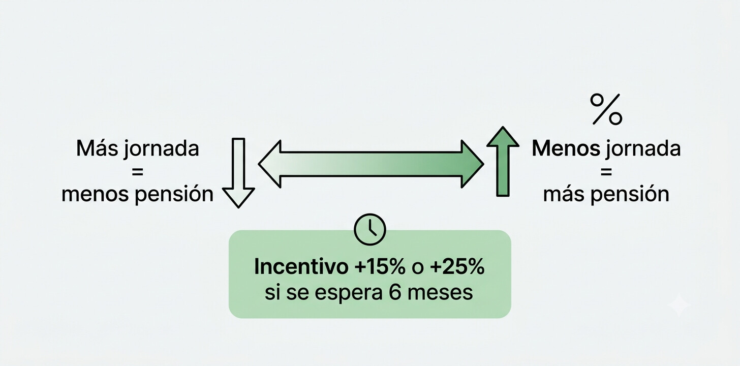 Infografía con la fórmula de cálculo de la pensión compatible en la jubilación flexible 2026: reducción proporcional más incentivo del 15% o 25%