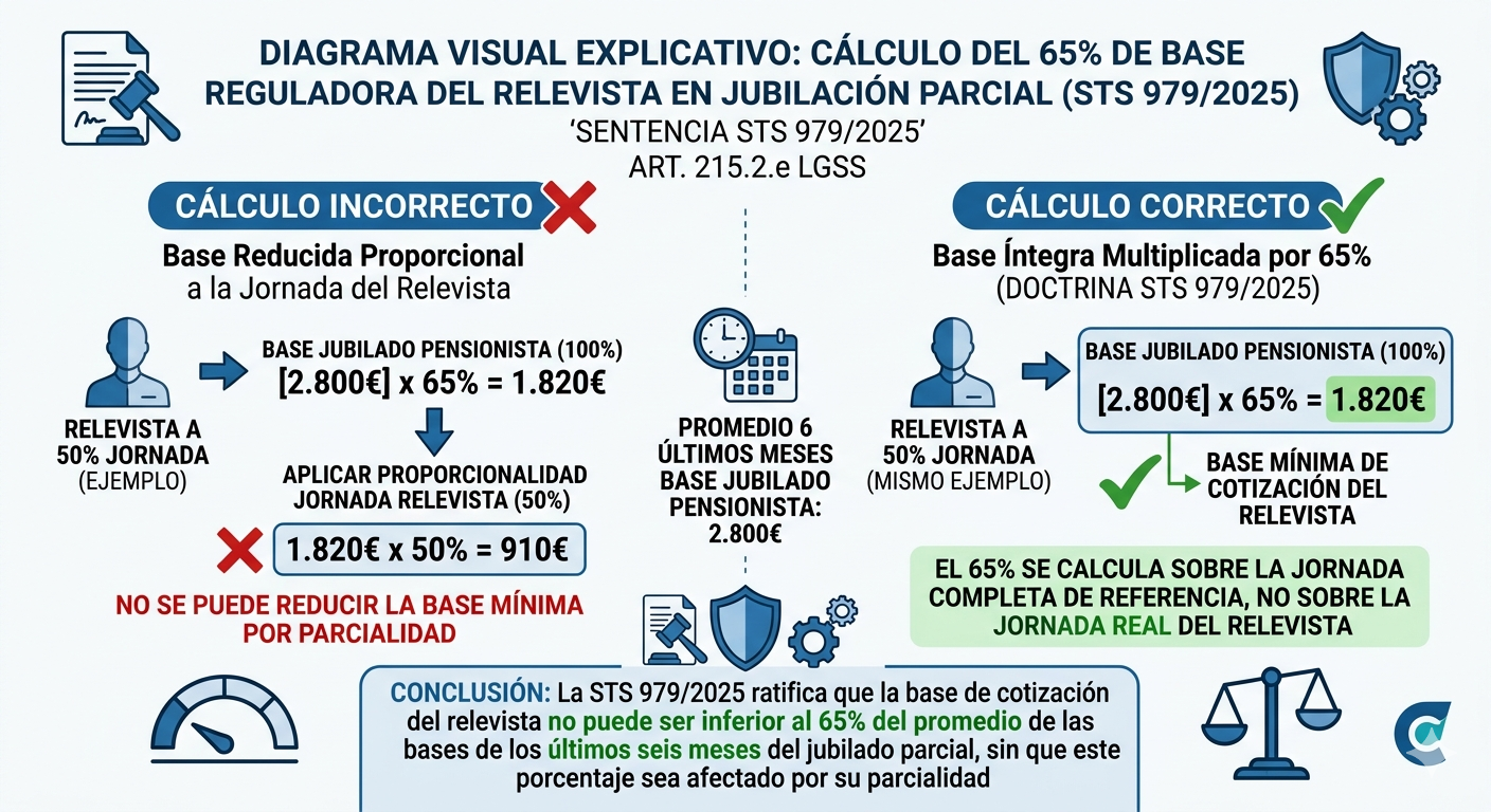 Diagrama de cálculo del 65% de base reguladora del relevista en jubilación parcial 2026 con ejemplo numérico real