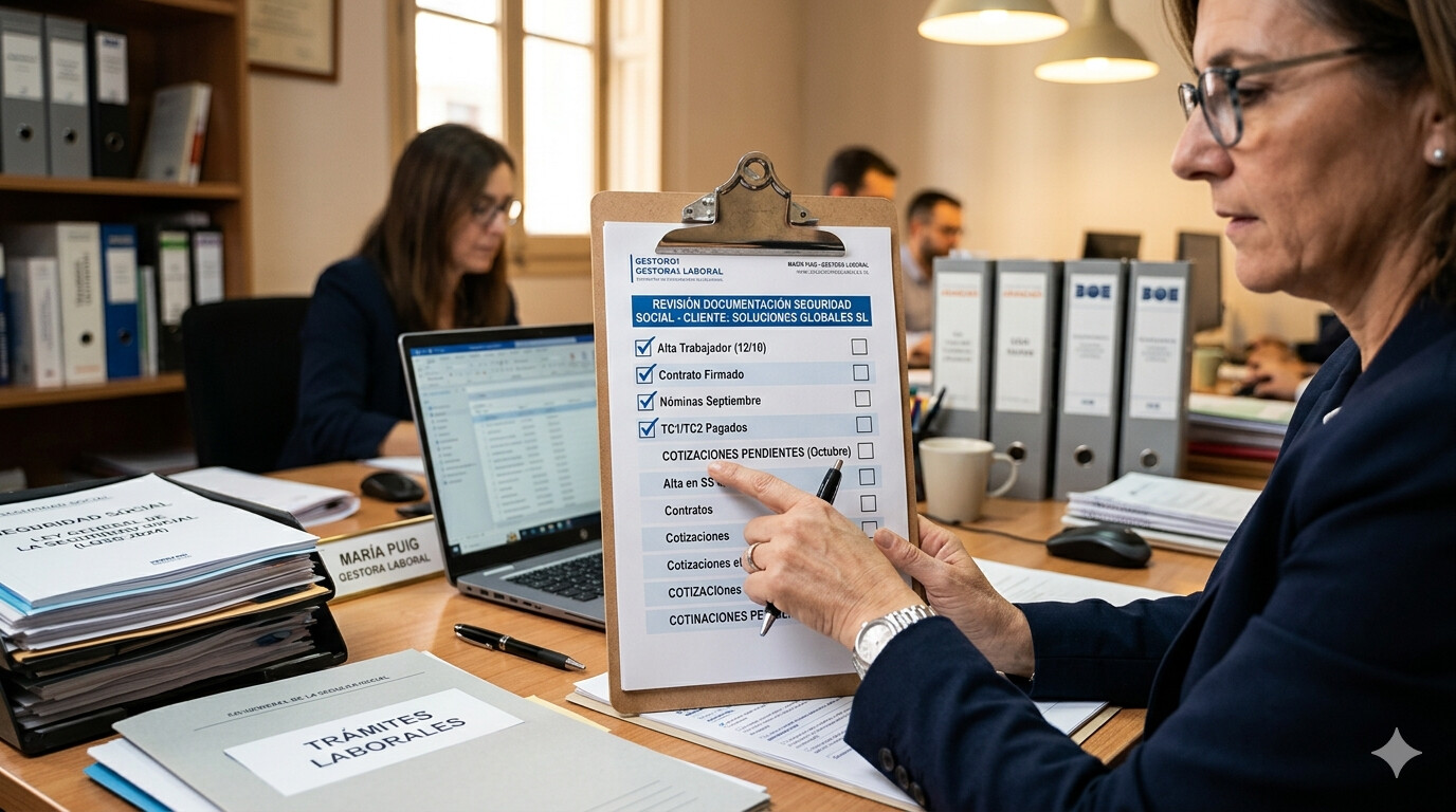Lista de verificación visual con 15 puntos de auditoría para contratos de relevo y jubilación parcial 2026 en gestorías