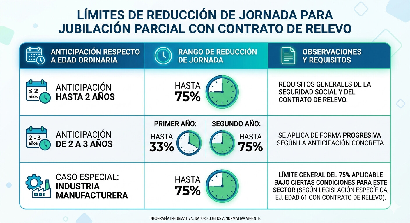 Tabla de límites de reducción de jornada y edades mínimas para jubilación parcial con contrato de relevo en 2026