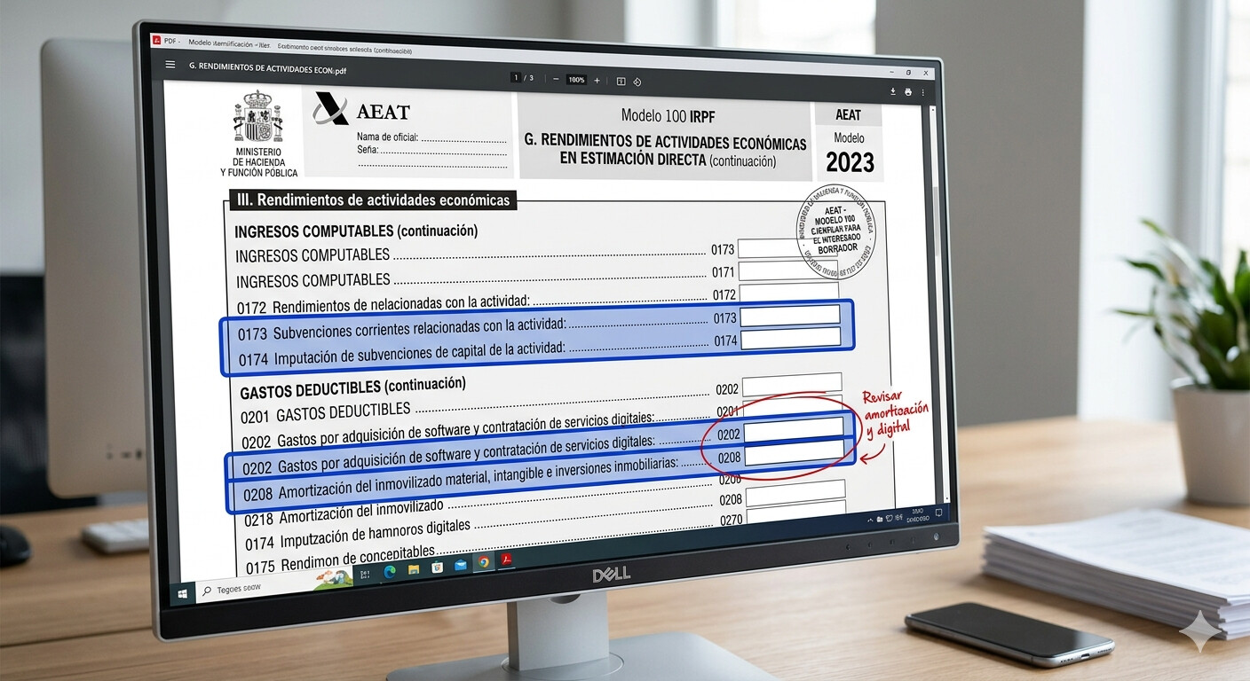 Tabla con las 17 categorías de soluciones del Kit Digital, tipo de subvención corriente o capital, y casilla correspondiente del Modelo 100 IRPF para gestores fiscales