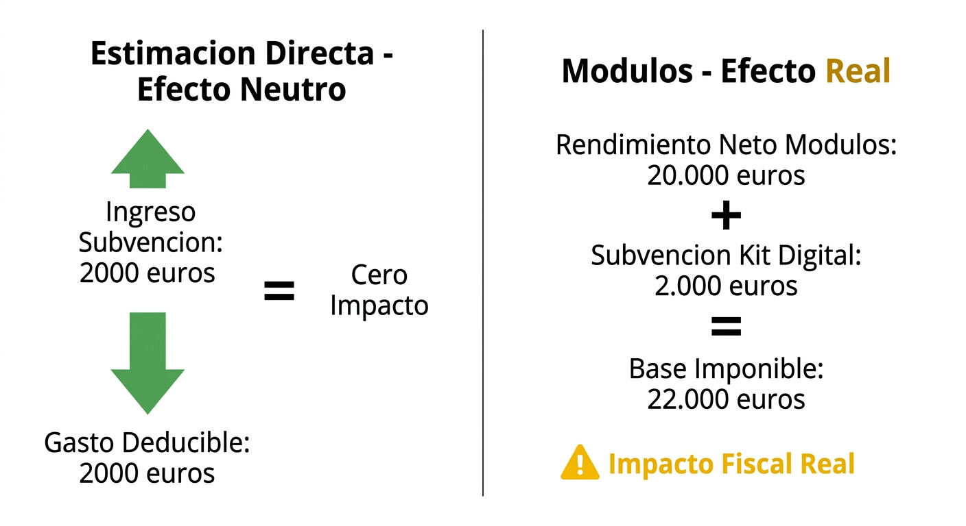 Comparativa del efecto fiscal del Kit Digital en estimación directa versus estimación objetiva módulos: en directa el efecto es neutro, en módulos genera tributación real adicional