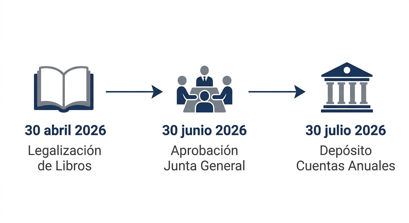 Timeline con las fechas clave de la legalización de libros contables 2026: plazo 30 abril, aprobación junta 30 junio y depósito cuentas anuales 30 julio